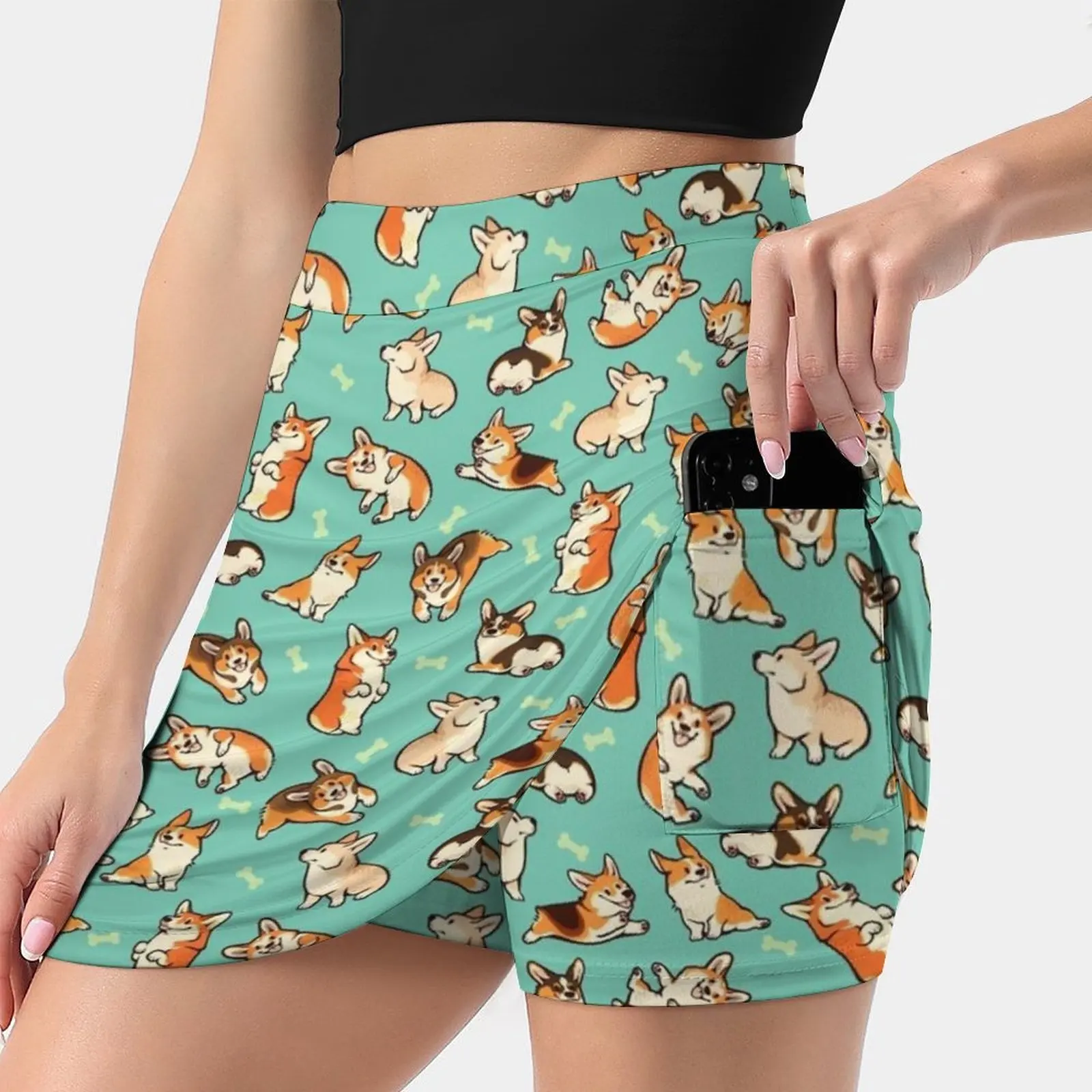 

Jolly Corgis In Green Women's skirt With Pocket Vintage Skirt Printing A Line Skirts Summer Clothes Corgi Pembroke Welsh Corgi