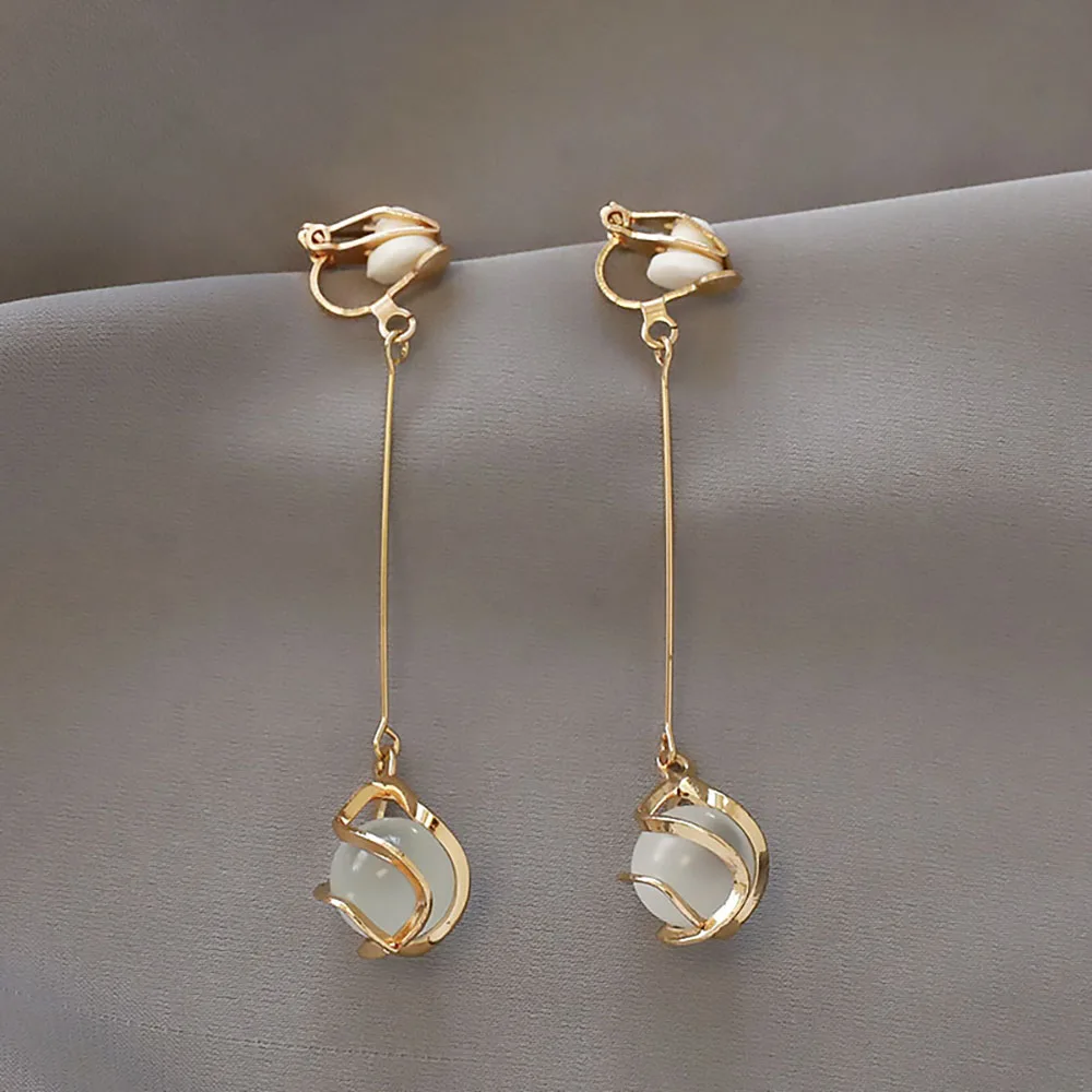 Exquisite Hollow Imitation Pearl Design Clip On Earrings Women's Tassel Long Clip-On Earrings, Versatile Non-Pierced Ear Clips image 4