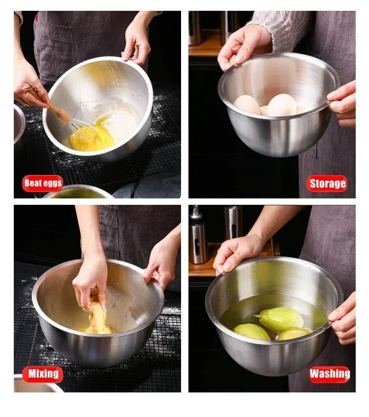 3 Sizes High Quality 304 Stainless Steel Salad Mixing Bowl Kitchen Storage Bowls Set Child Anti-scalding Food Soup Ramen Bowl