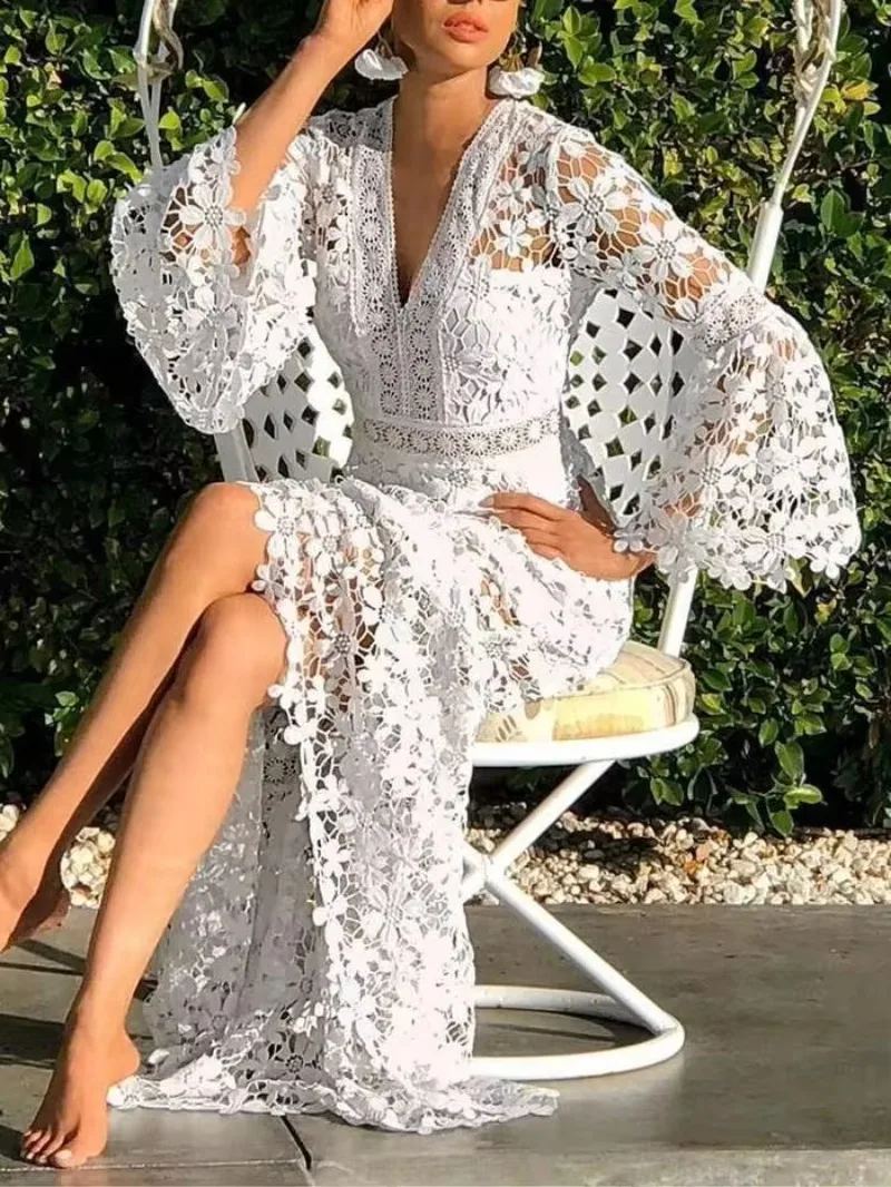 Women Dresses Lace Dress Flare Sleeve V-neck Hollow Out  New Long Sleeve White Oversize Sexy Long Dresses Party Evening