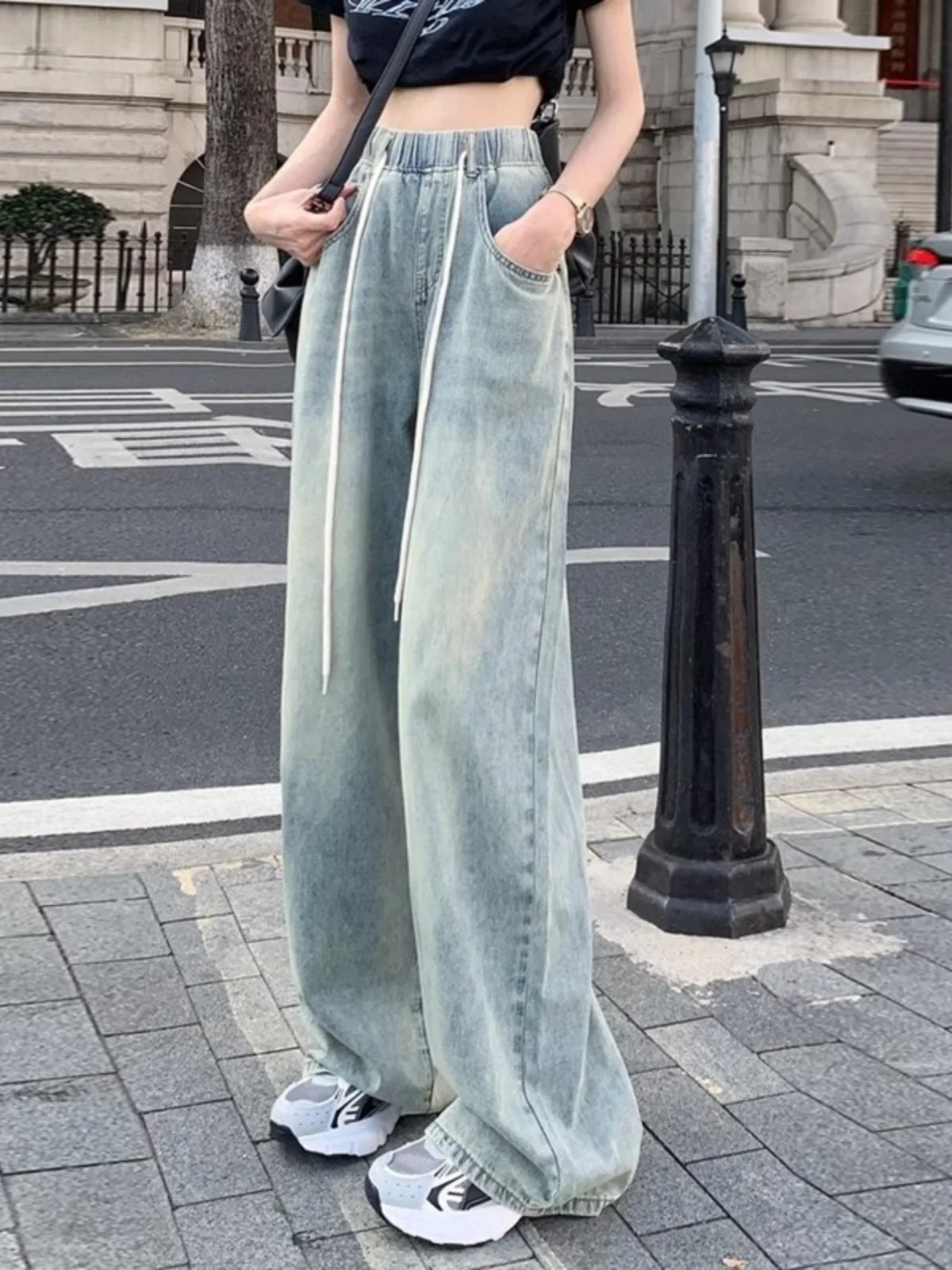 레트로 엘라스틱 웨이스트 끈 데님 청바지 여성용 봄 여름 한국 버전 하이 웨이스트 슬림 학생용 스트레이트 레그 바지...