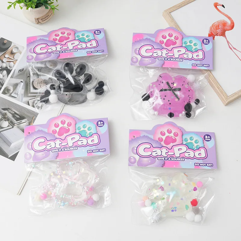 Cute Glitter Transparent Bow Cat Paw Slow Rebound Squeeze Toys Cartoon Soft Squishy Cat Claw Sticky Pinch Sensory Toy Kids Gifts