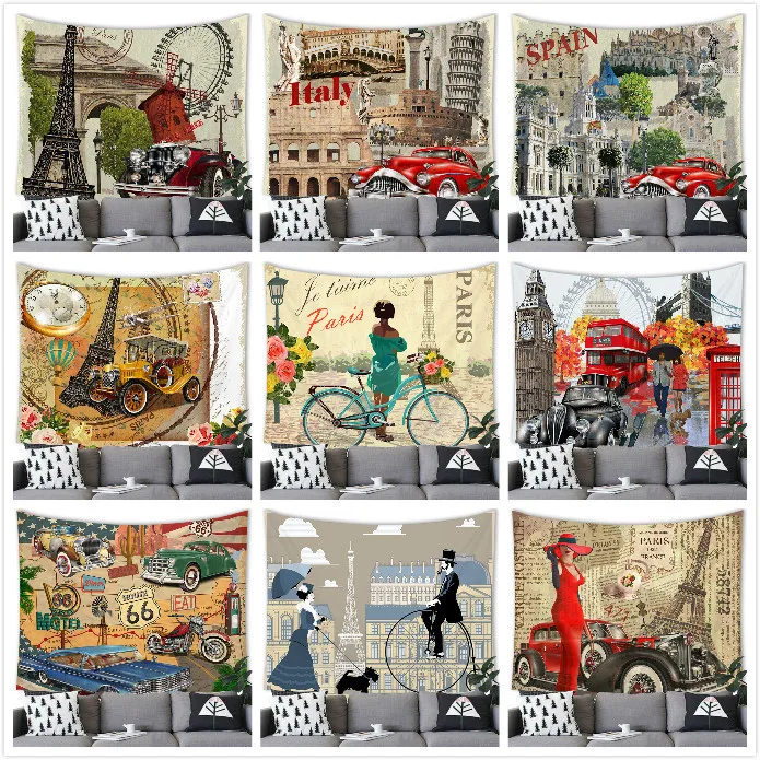 

Vintage Sexy Women Wall Tapestry Paris Tower Classic Car Wall Hanging Sofa Bed Dorm Tapestry Aesthetic Home Decor 150x200 Cm