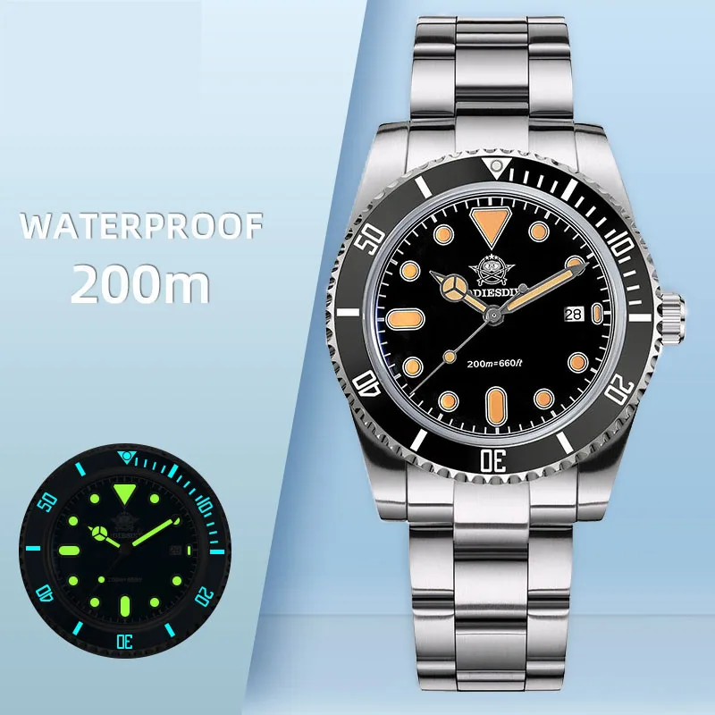 ADDIESDIVE AD2501 Quartz Diving Watch 316 Stainless Steel Bidirectional Ceramic Bezel BGW9 Luminous 200M Waterproof Bubble Glass