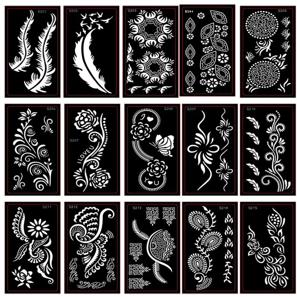 15 Types Options Professional Henna Stencil Temporary Hand Tattoo Body Art Sticker Indian Glitter Airbrush Tattoo Templates