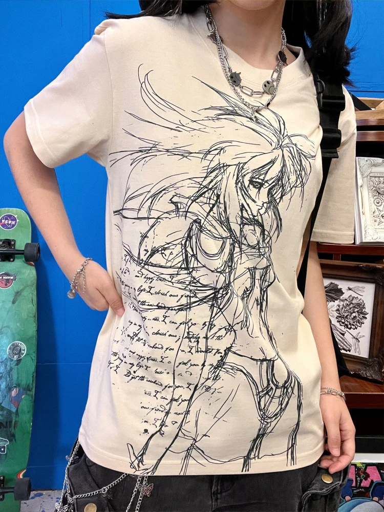 Heavyweight 260G Long Hair Anime Line Art Vintage Couple's Short Sleeve T-Shirt Cotton Spandex Blend Spring 2025 Collection