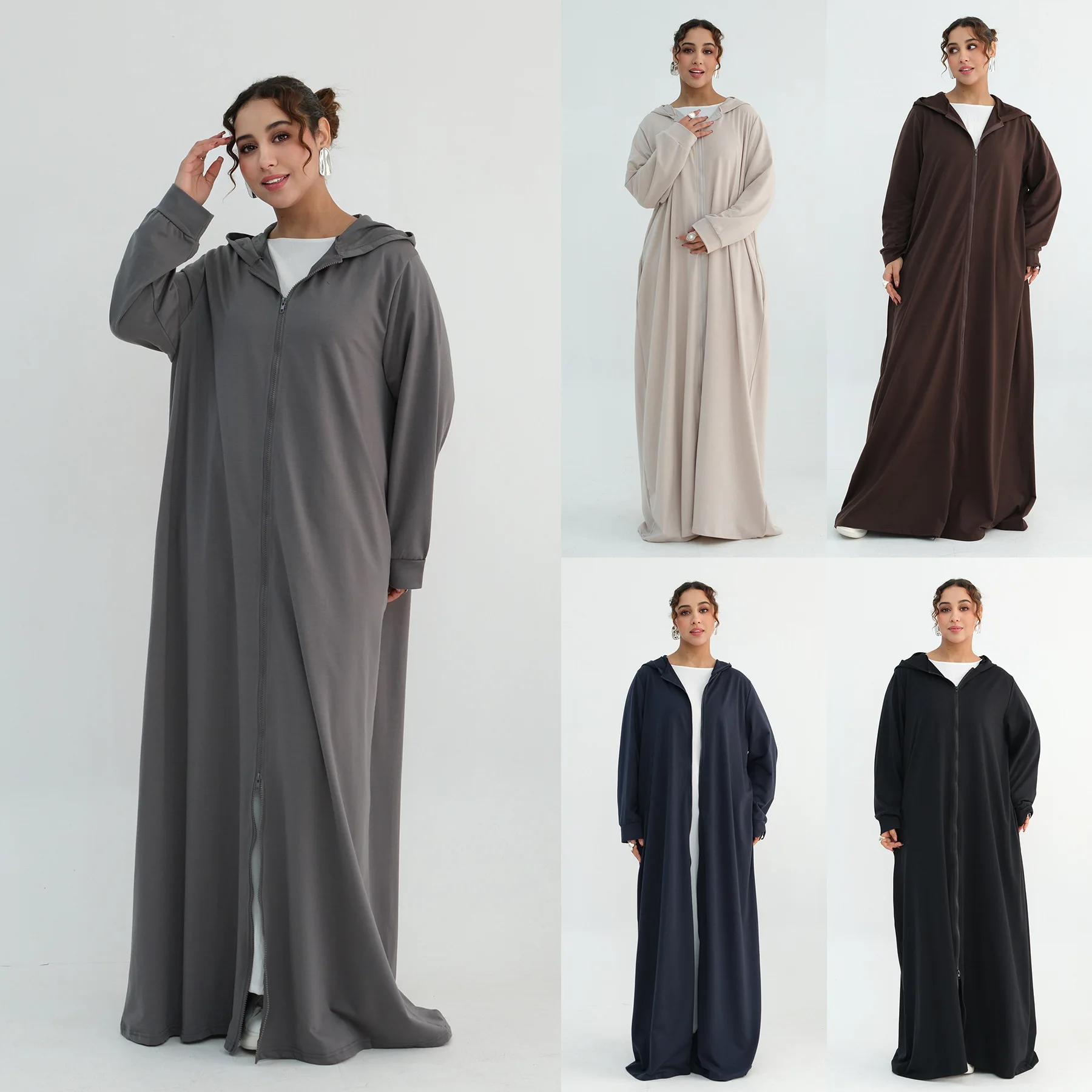 

Dubai Loose Hooded Abayas Dress Full Zipper Front Casual Muslim Long Women Dress Ramadan Islamic Clothing Turkey Robe Arab