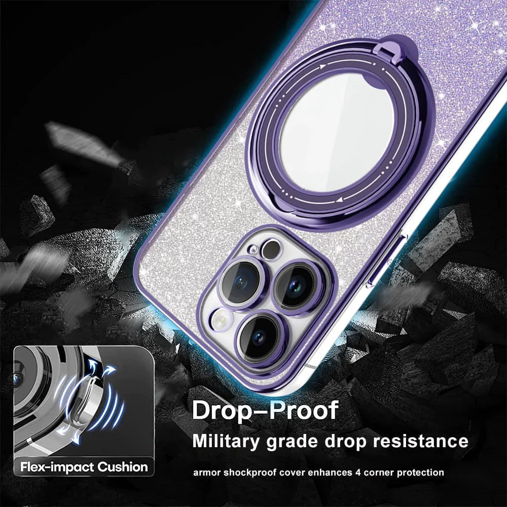 For iPhone Glitter Electroplated Magnetic Glitter Phone Case For iPhone 15 Pro Max 14 13 12 with Invisible Ring Stand Lens Cover