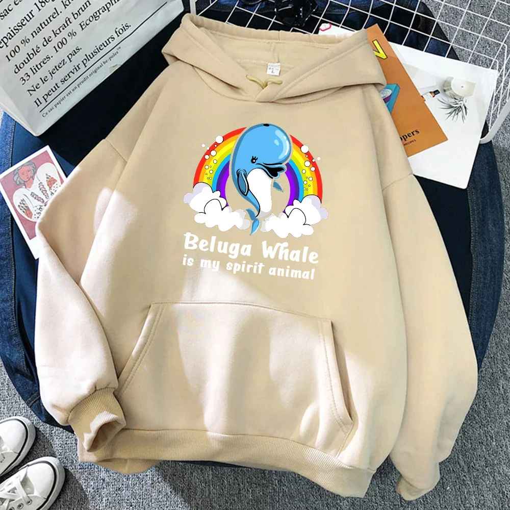 Woman Casual Oversize Top Winter Harajuku Kawaii Animal Lady Sweatshirts Women Hoodie Blue Whale Rainbow And Cloud Print Sweater