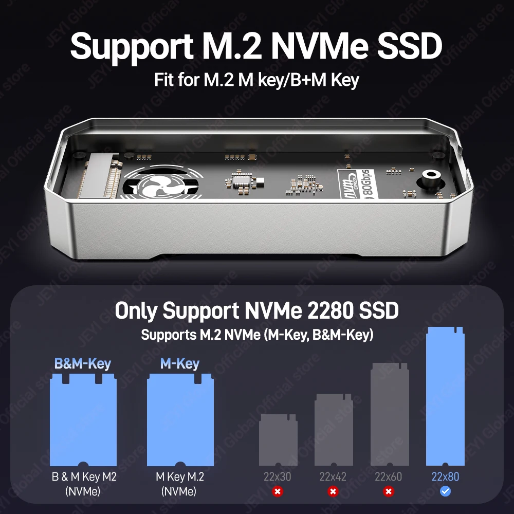 JEYI Thunderbolt 5 M.2 2280 NVMe SSD Enclosure-JHL9480 Chip 80Gb/s Bidirectional Built-in Smart Fan Aluminum Heatsink 8TB Max