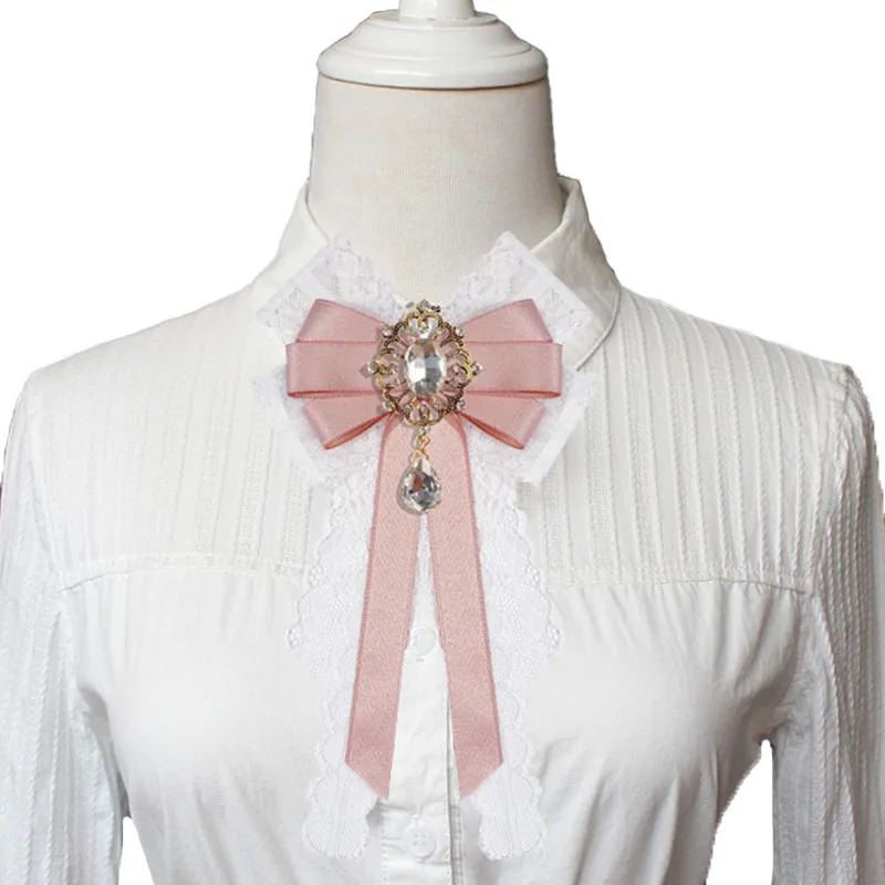 

Lace Ribbon Rhinestone Bow Ties Brooch Korean Fashion Women's College Style Suit Shirts Accessories Collar Pins Handmade Jewelry