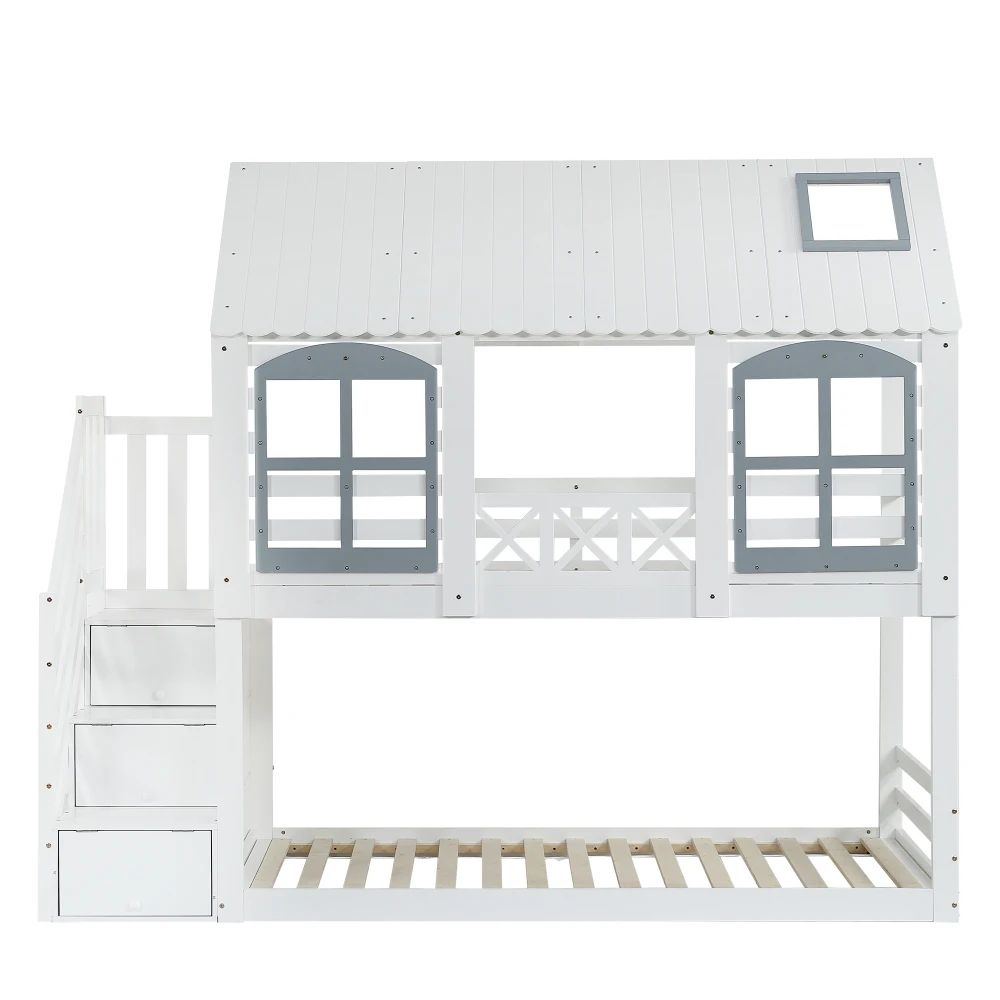 PINGGO Weißgraues Etagenbett 90x200cm mit Dachfenster, Leiter, Fallschirmgitter und 3 Staufächern aus Kiefern-MDF, ohne Matratze – Detail 12