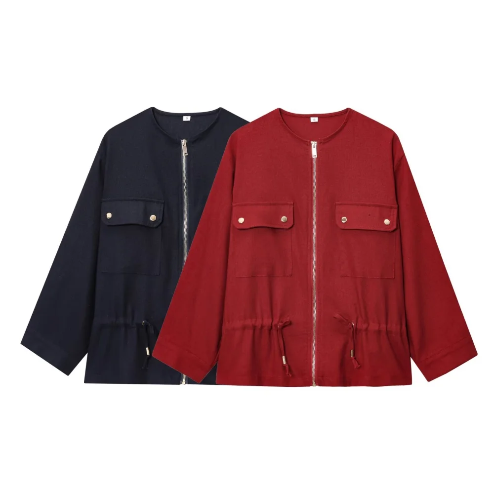 

Women's Solid Color Linen Blended Zipper Drawstring Hunting Jacket Round Neck Long Sleeve Autumn New Casual Jacket