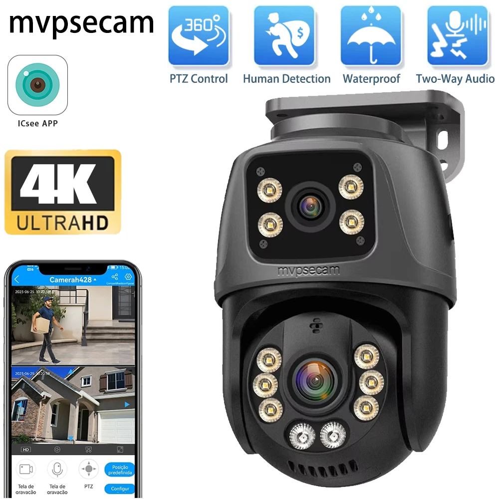 

Mvpsecam Outdoor Dual Lens PTZ 4K 8MP POE IP Camera Home Security Camera Video CCTV Surveillance ICsee XMeye Camera Dual-Screen