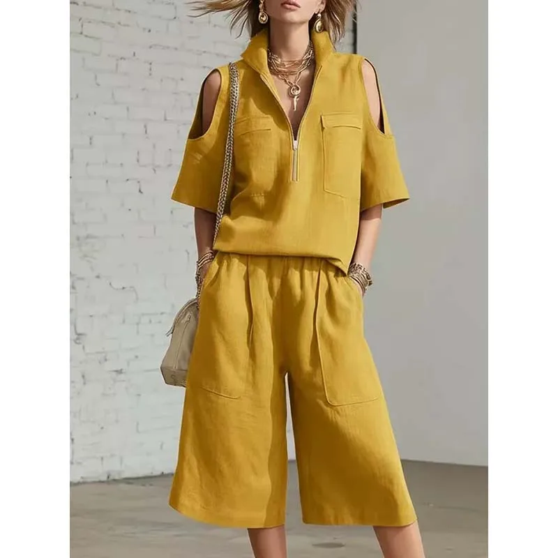 

Loose Casual All Match Solid Shorts Patchwork Short Sleeve Tops Two Piece Set Elegant Fashion Harajuku Slim Fit Female Clothes