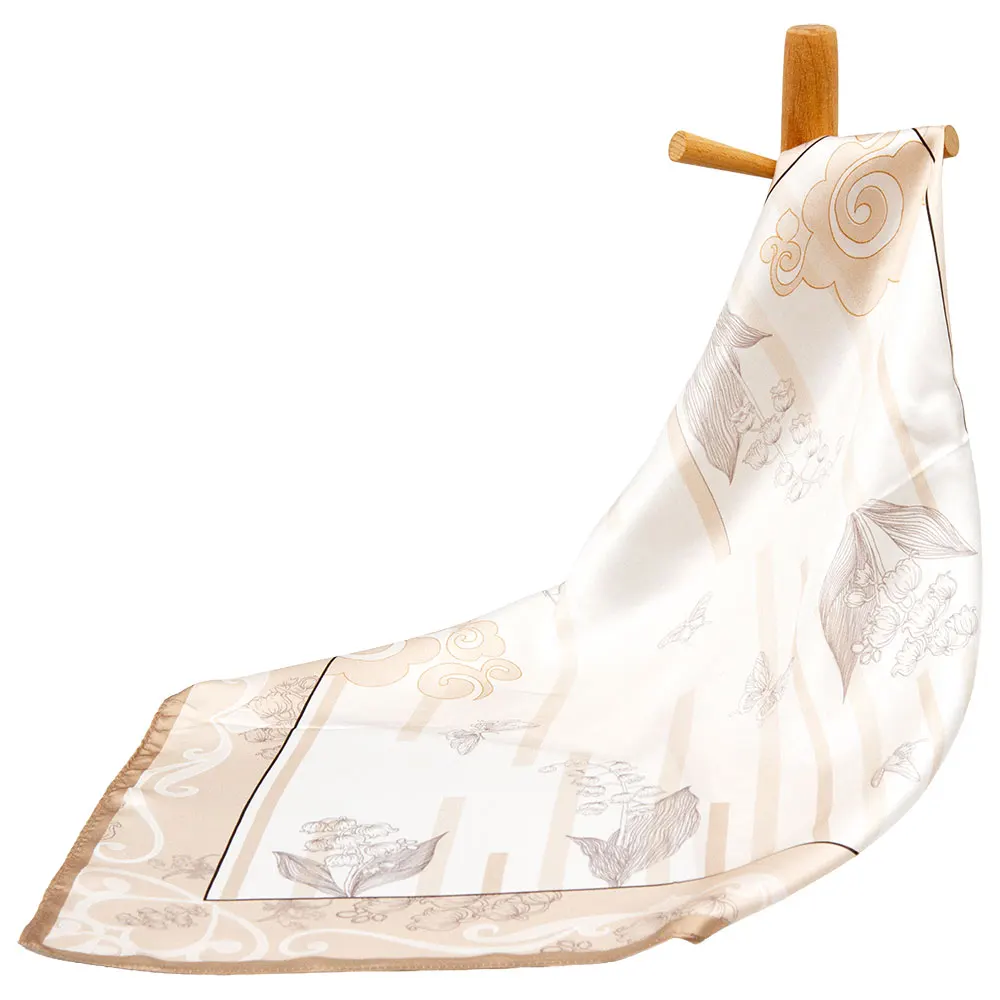 Pañuelo de Seda 100% Natural de 53 cm para Mujer, Diseño Cuadrado Vintage con Estampado de Lirio de los Valles y Mariposas, Pañuelo de Cuello de Lujo