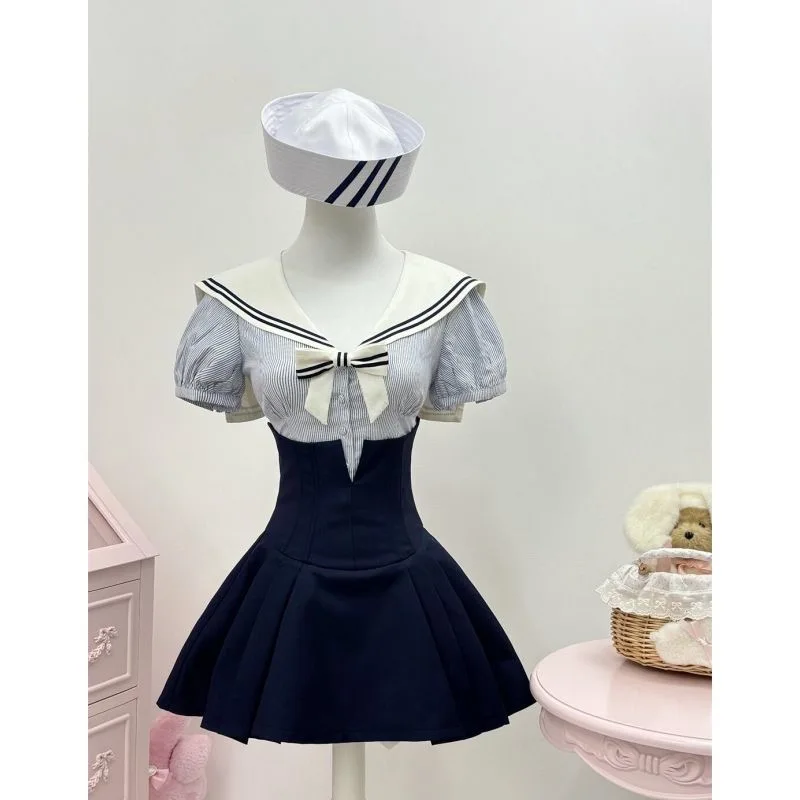 

French Preppy Style Two-Piece Set Outfit, Slim Sailor Collar, Bubble Sleeves, Striped Tops, Waist Cinching, Slim Short Skirt
