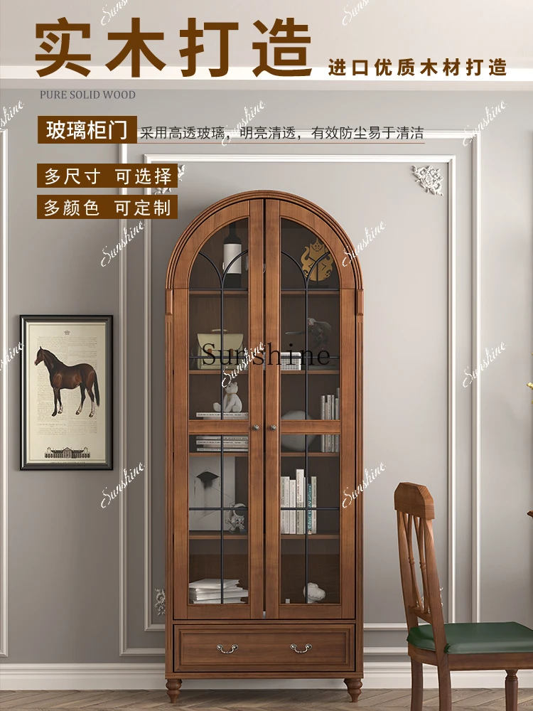 Solid wood light luxury retro French 80cm 1 meter arched glass door wine cabinet  FT