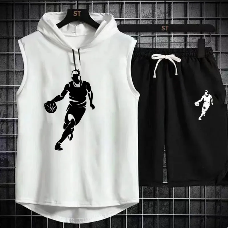 2024 Summer Men's Two Piece Set CasualT-Shirt and Shorts Set Mens Sports Suit Fashion Short Sleeve Tracksuit Hooded T-shirt