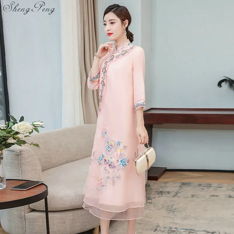 Chinese Oriental Cheongsam Dress Women Print Traditional Chinese Wedding Dress Retro Elegance Evening Party Dresses V2958