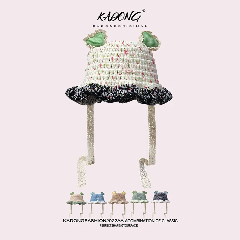 

Ins Fashion Mixed Color Knitted Strap Bucket Hats Women Autumn and Winter Travel Warm Versatile Cute Love Ear Pullover Caps Y2K