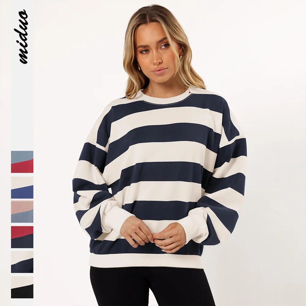 Autumn Winter Women's Plus Velvet Sweatshirt Female O-neck Stripe Long Sleeve Tops Thick Warm Lady's Pullovers Women's Tops