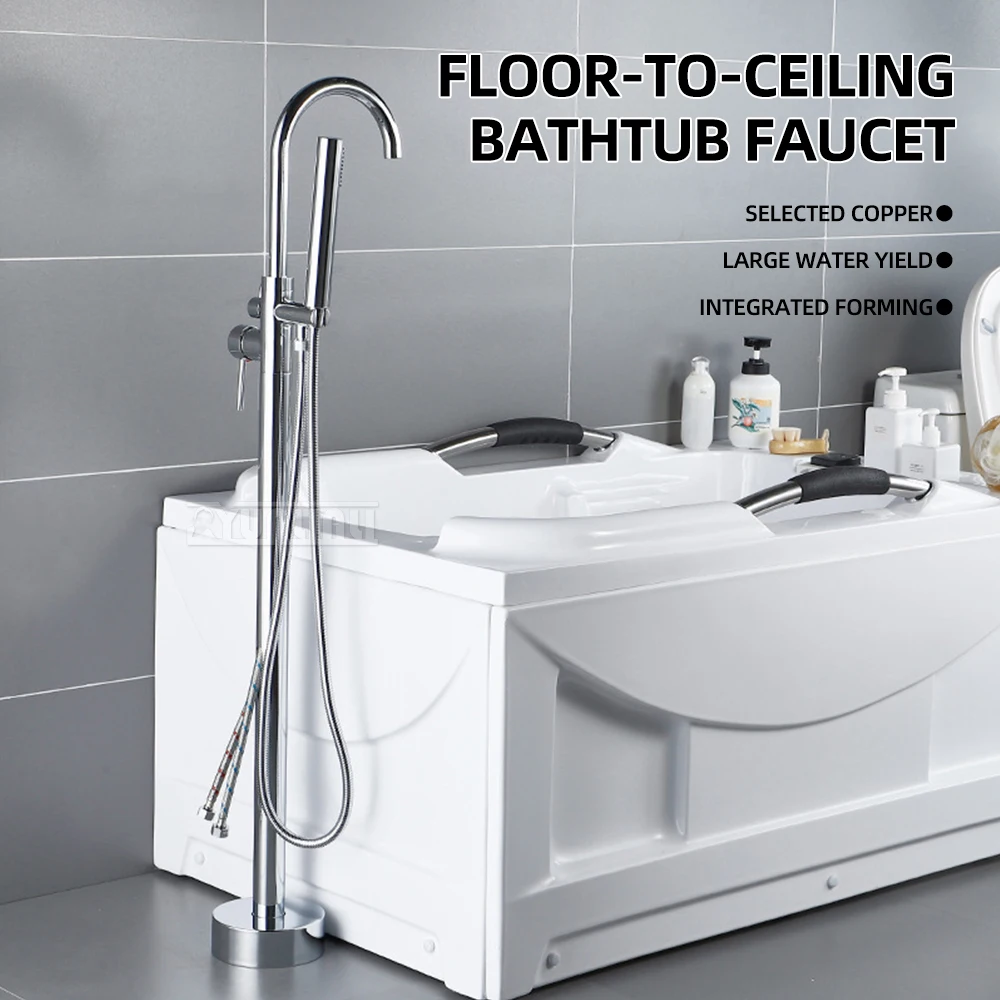 Vintage Floor Standing Bathtub Tap Brass hot and cold water faucet Dual Handles Retro Column Design