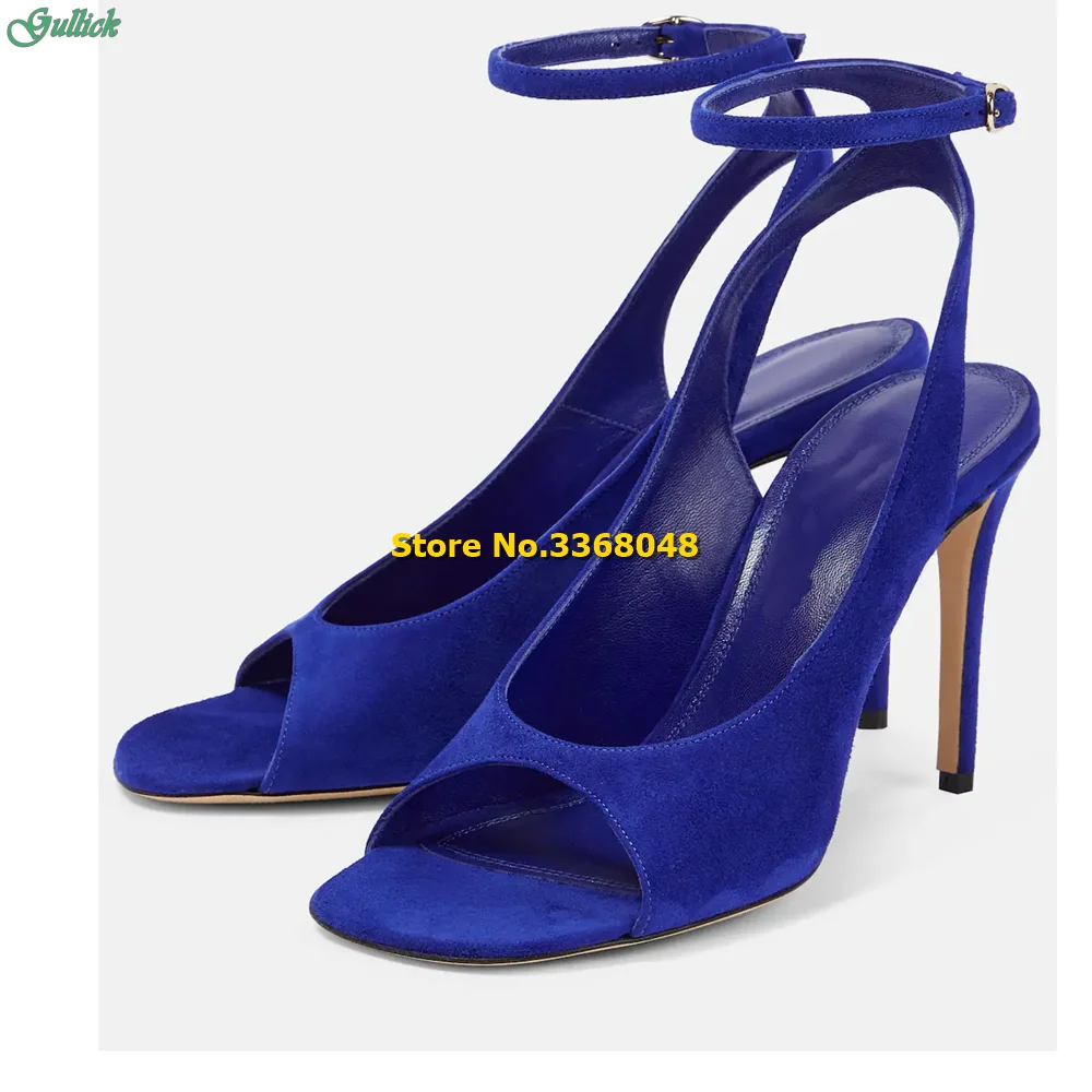 Blue Suede Round Toe Sandals Ajustável Tornozelo Correias Stiletto Thin High Heel Cut Out Buckle Fixação Sólidos Handmade Shoes