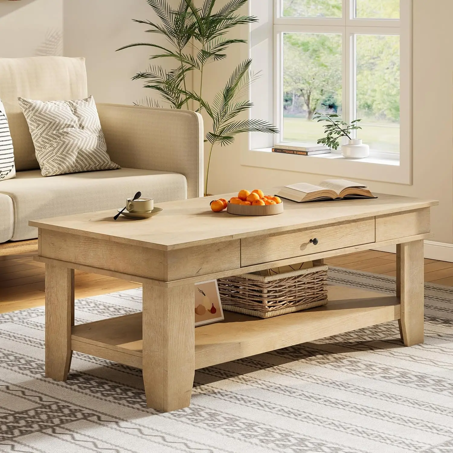 

Light Oak Coffee Table with Drawer & Storage Shelf Living Room Furniture 47.2" Sturdy Easy Clean 300lb Capacity, Customized