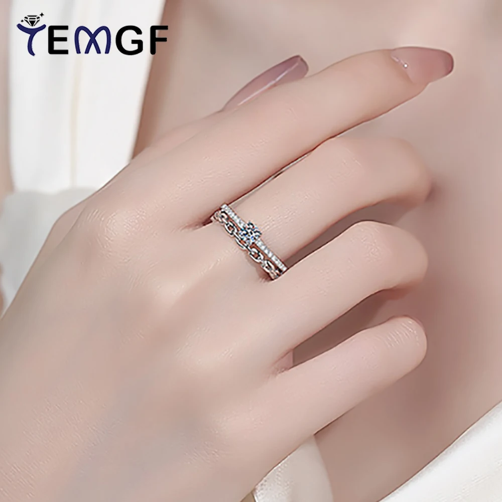 

TEMGF Full Moissanite Ring 4mm 1mm Inlay Chain Design Women's 925 Silver Double Layered Ring Birthday Fine Jewelry Gift With GRA