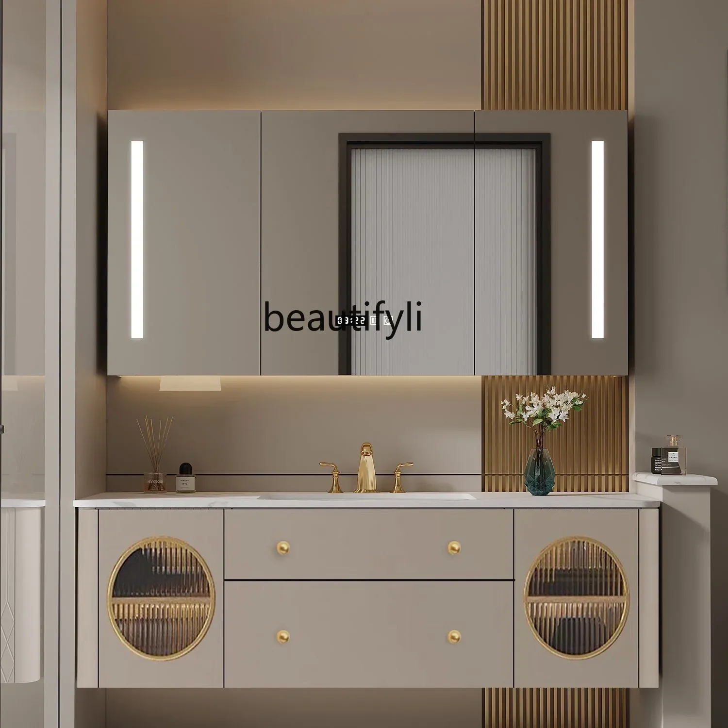 45Новая каменная плита, дубовая ванная комната, простой умный светильник для шкафа, роскошное зеркало с медведем на заказ, умывальник, комбинация шкафа для умывальника