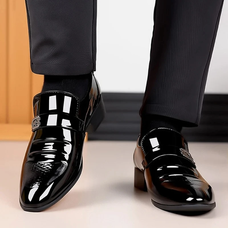 Brand Patent Leather Shoes for Men Casual Business Shoes Office Work Shoes for Male Party Wedding Oxfords Point Toe Loafers