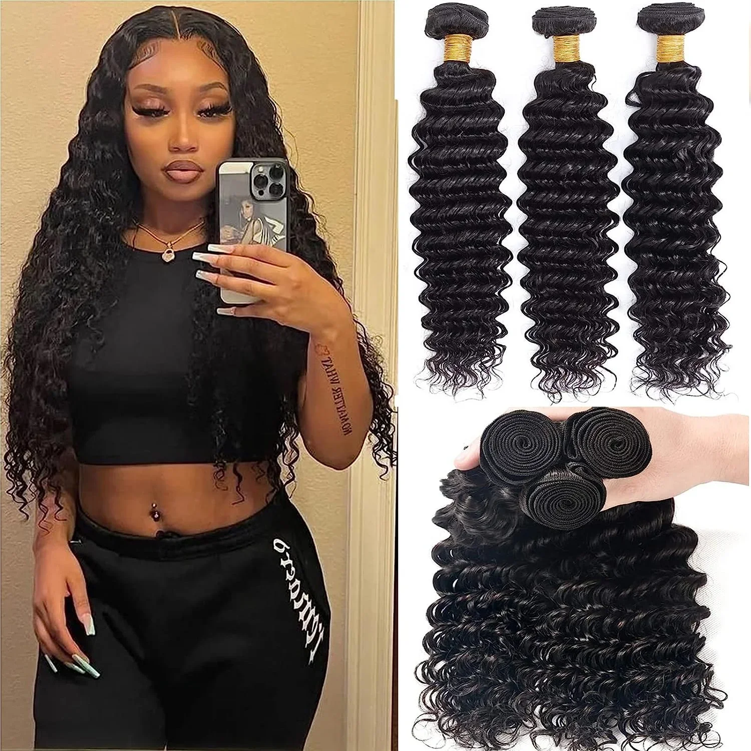 Brazilian Deep Wave Human Hair Bundles 12A Grade Remy Deep Curly Wavy Bundle Deals Unprocessed Human Hair Deep Wave Hair Extensions Curly Wet Wavy 1/3/4 Bundles Natural Black