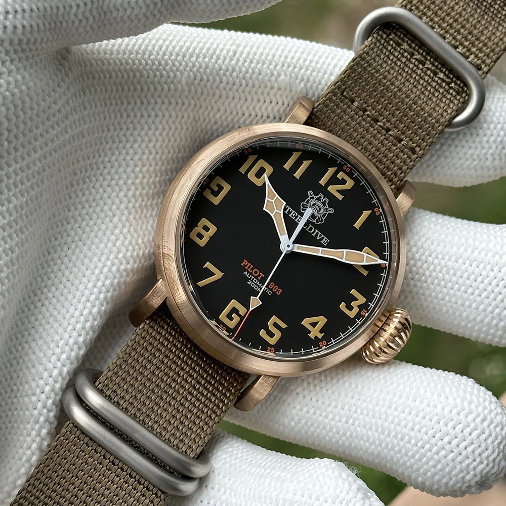STEELDIVE Men Pilot Watch 46.5mm Bronze Military Automatic Mechanical Wristwatch Diver 200m Waterproof C3 Luminous Sapphire NH35