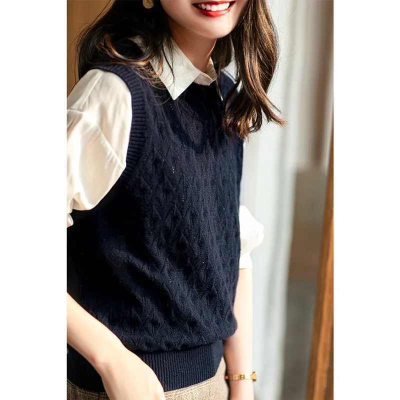 

Тонкий ажурный вязаный жилет Camere, женская круглая свободная верхняя одежда, шерстяной свитер, базовый жилет с подкладкой на плечах, жилет для поездок на работу
