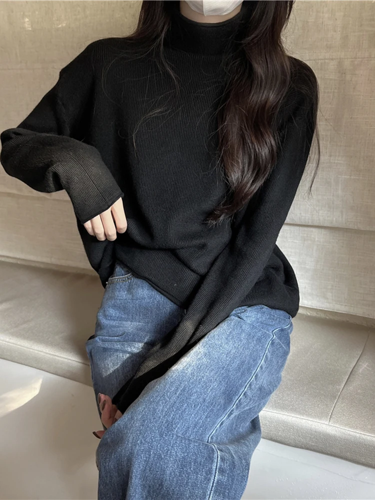 

Women's Mid-Ne Knitwear Loose Fit Thermal Innerwear f-High Collar Long Sve Thi Warm Bla Color Base irt