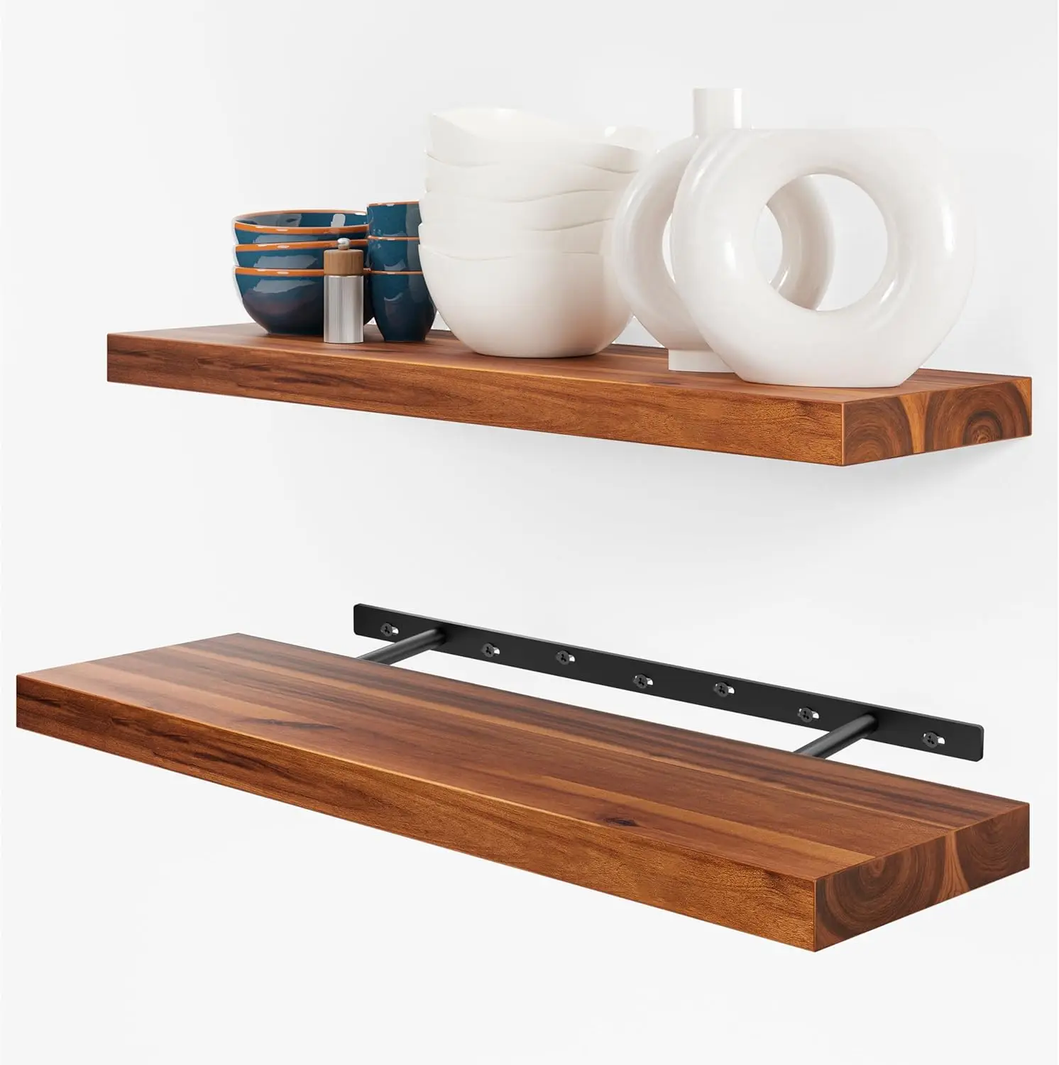 

Set 2 24" Acacia Wood Floating Shelves Wall Mt – Rustic Farmhouse Wooden Wall Strg Shelf for Bed, Kit, Home Décor...