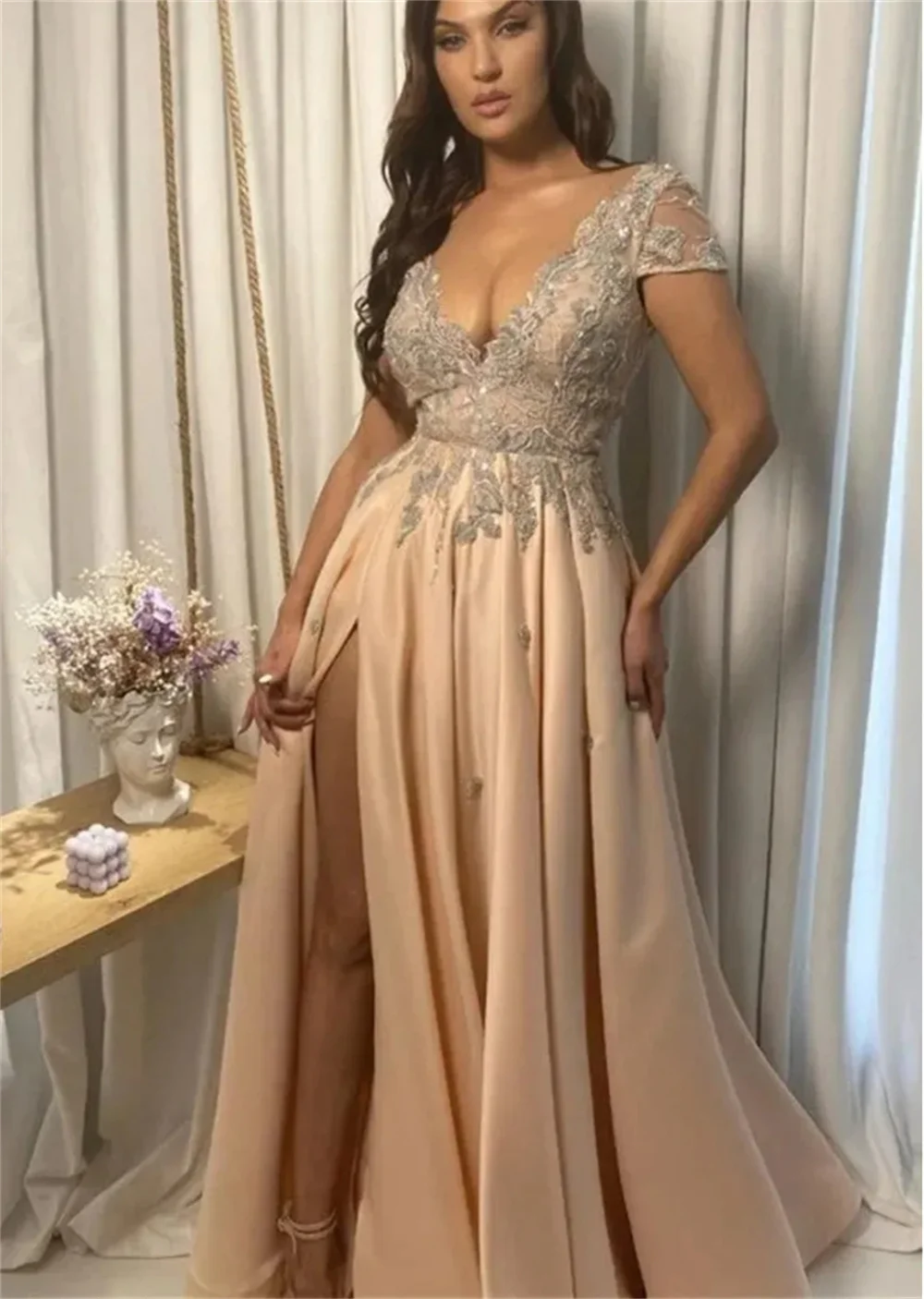 Elegant V-Neck Prom Dress For Women Lace Appliques Short Sleeves Wedding Party Dress A-Line Satin High Side Split  Evening Dress