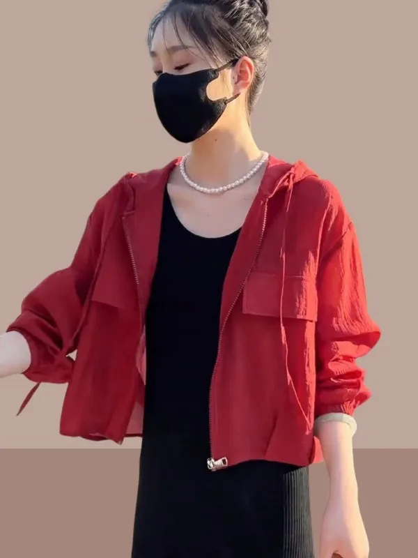 

Red Short Hooded Women's Summer Thin Breathable UV Protection Clothing Loose Casual Outerwear Korean Style Commute Wind