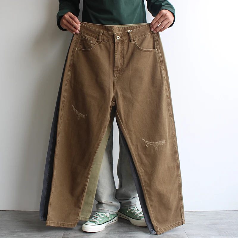 

Весенне-осенние мужские джинсы из 100% хлопка, окрашенные в пряже, винтажные модные брюки с прямыми штанинами из грубого саржи с нашивками, повседневные американские брюки