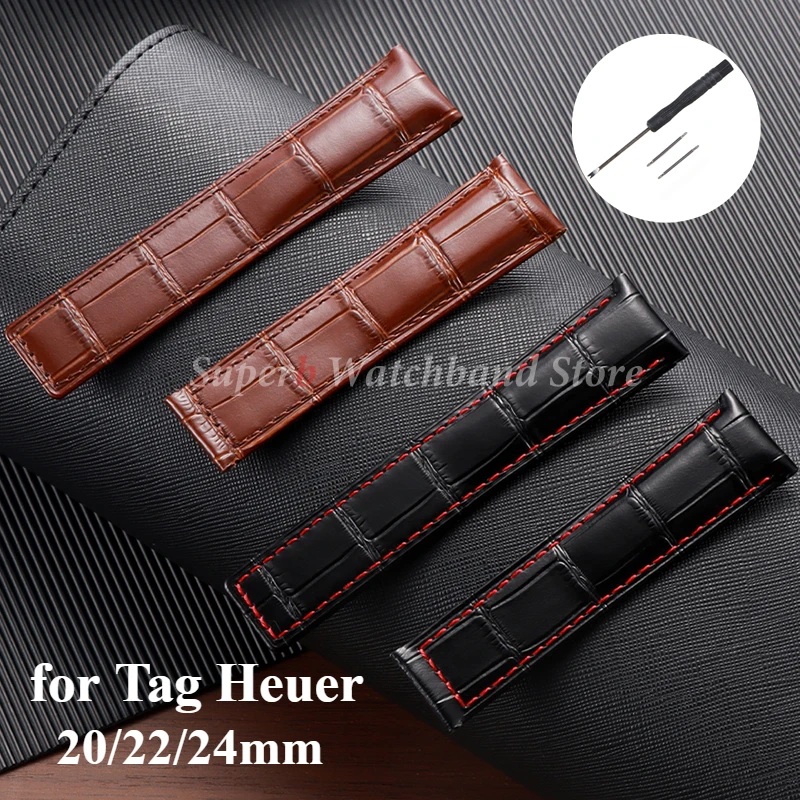 Pulseira de relógio de couro de vaca para tag heuer carrera monaco 20/22/24mm pulseira de relógio com padrão de bambu acessórios de pulseira de negócios