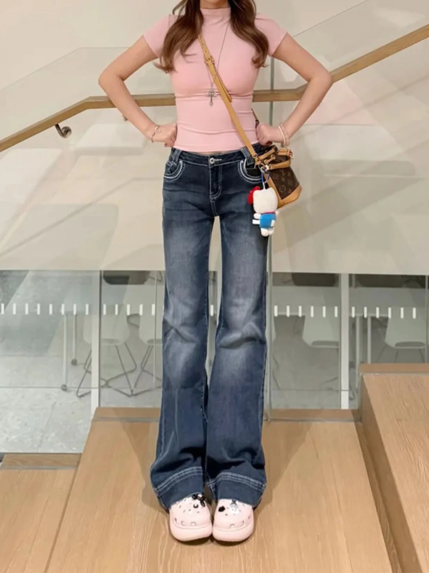 

Washed Deep Blue Low Waist Women's Jeans Summer 2026 Slimming Bell Bottoms Classic American Style Casual Denim Pants