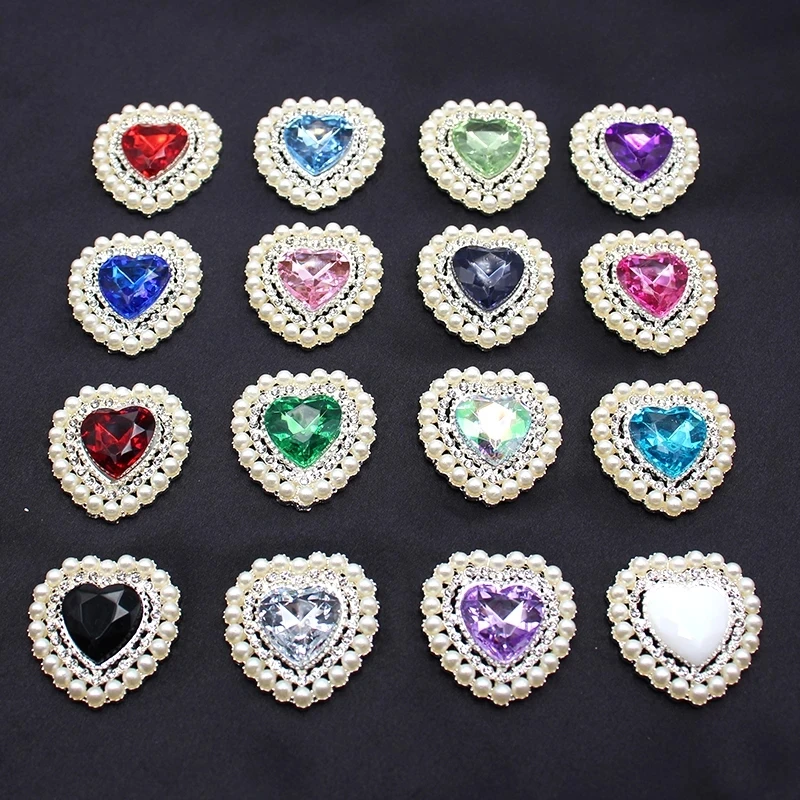 New 25*26mm 10pcs Peach Heart Alloy Pearl Rhinestone Acrylic Gift Box Clothing Decorative Buckle DIY Jewelry Accessories