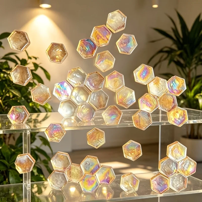 100g/Champagne iridescent pearlescent hexagonal quartz glass mosaic tiles, transparent aurora iridescent glass pieces, DIY handmade table lamp and vase decoration materials, DIY handmade photo frame decoration, painting, vase display, entryway wall art collage glass materials, creative home decor handmade accessories
