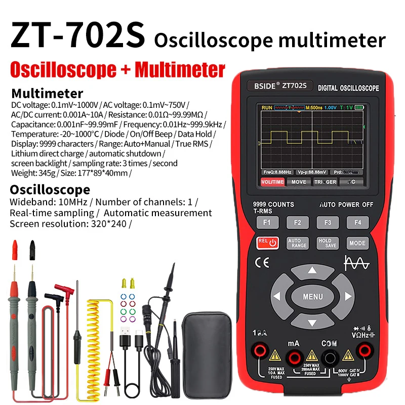 BSIDE ZT-702S Digital Oscilloscope Multimeter 9999 Counts 48MSa/s Sampling Rate 10Mhz Frequency Band 2.8inch LED Screen Display