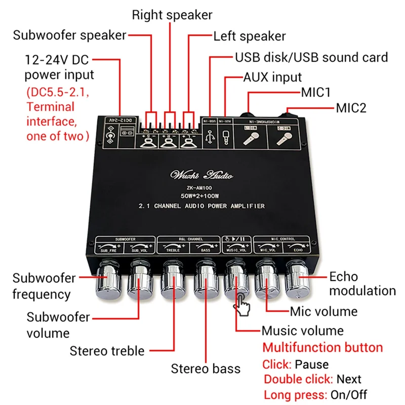【Shop Now】ZK-AM100 Bluetooth Amplifier Board 50Wx2 +100W TPA3116D2 Power Amplifier 2.1 Channel Microphone Audio Module