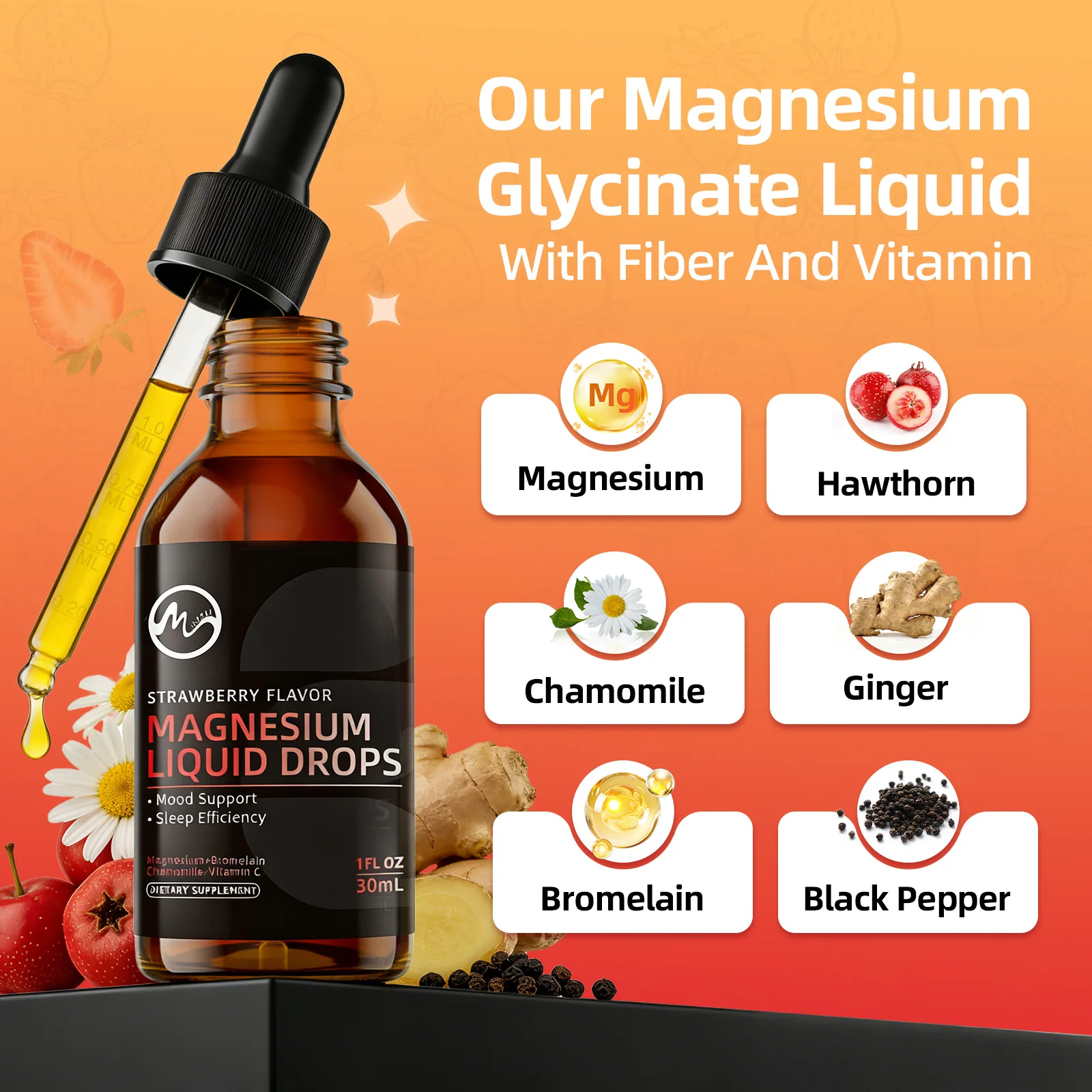 Minch 30ml Magnesium Glycinate Liquid Drops Strawberry Flavor Sleep & Mood Support Multivitamin Mineral Dietary Supplement