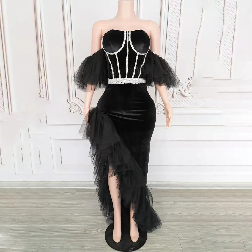 

Sexy Elegant Black Sheer Off-shoulder High Split Dress Women Birthday Celebrate Wedding Evening Prom Dress Singer Stage Wear