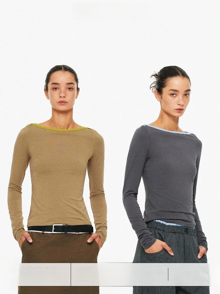 

Женская футболка с длинным рукавом, однотонная, с асимметричным вырезом, облегающая, влагоотводящая, коллекция Spring Season One-Shoulder Color Block Slimming Neline Design