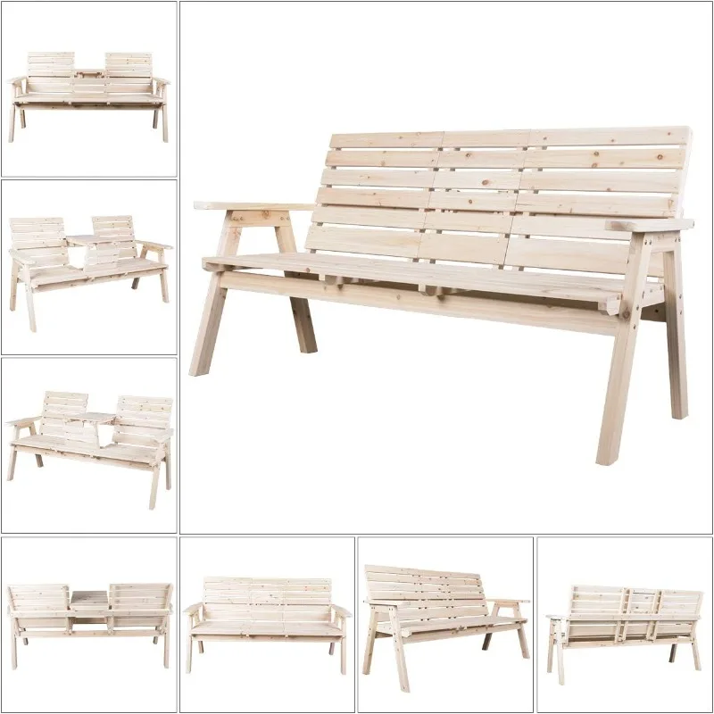 Cedar/Fir Log Wood Patio Garden Bench with Foldable Table,Outdoor Wooden Porch 3-Seat Bench Chair for Garden Balcony Patio